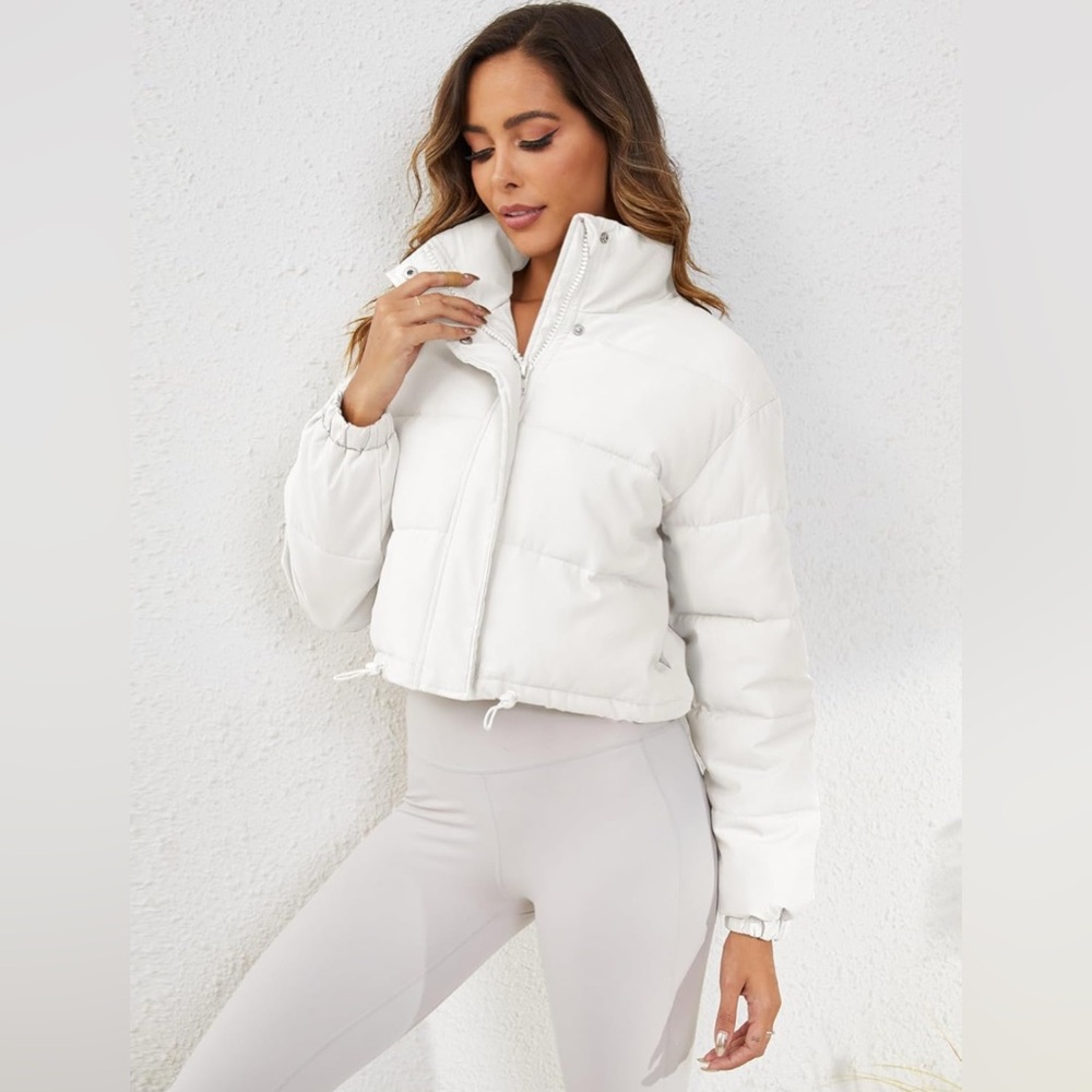 Cropped Puffer Jacket Long Sleeve Stand Collar Zip Up Quilted Padded Drawstring